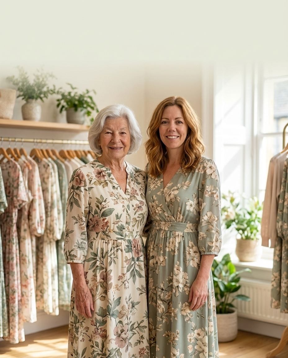 Two women in floral dresses beside a rail of dresses