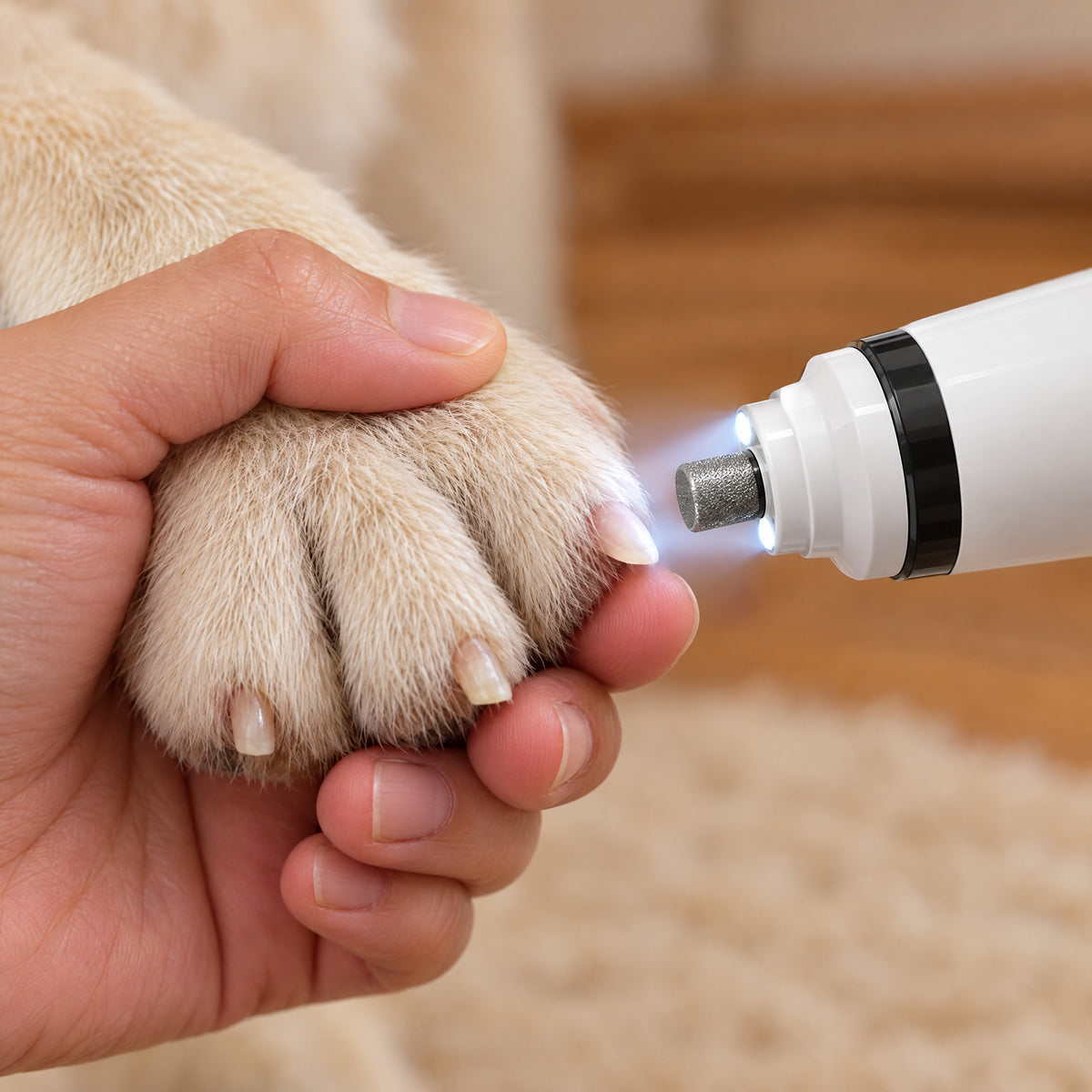 Close-up of the grinder's two LEDs lighting a dog's nail tip while the owner holds the paw