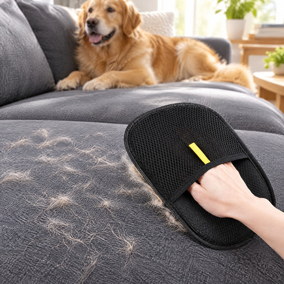 Hand in the pet hair mitt rubbing dog hair off a gray couch cushion while a golden retriever rests on the sofa