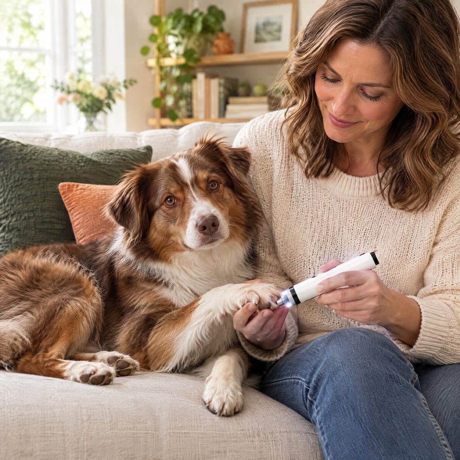 Owner on the sofa holding her dog's paw while grinding one nail with the LED nail grinder