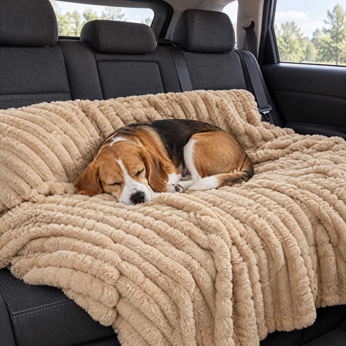 A beagle curled up asleep on the Camel blanket across a car back seat