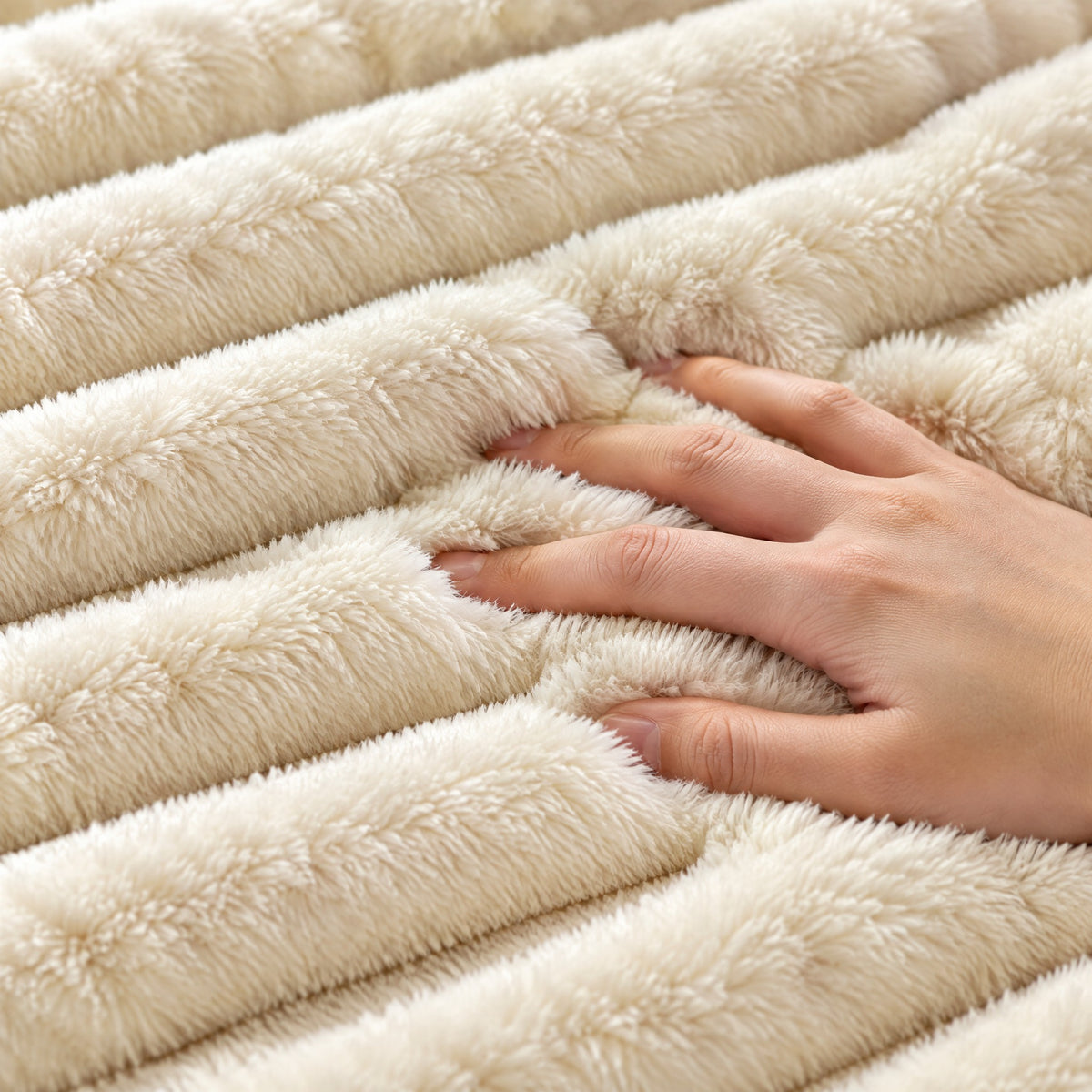 Close-up of a hand pressing into the deep faux fur ribs of the Cream blanket