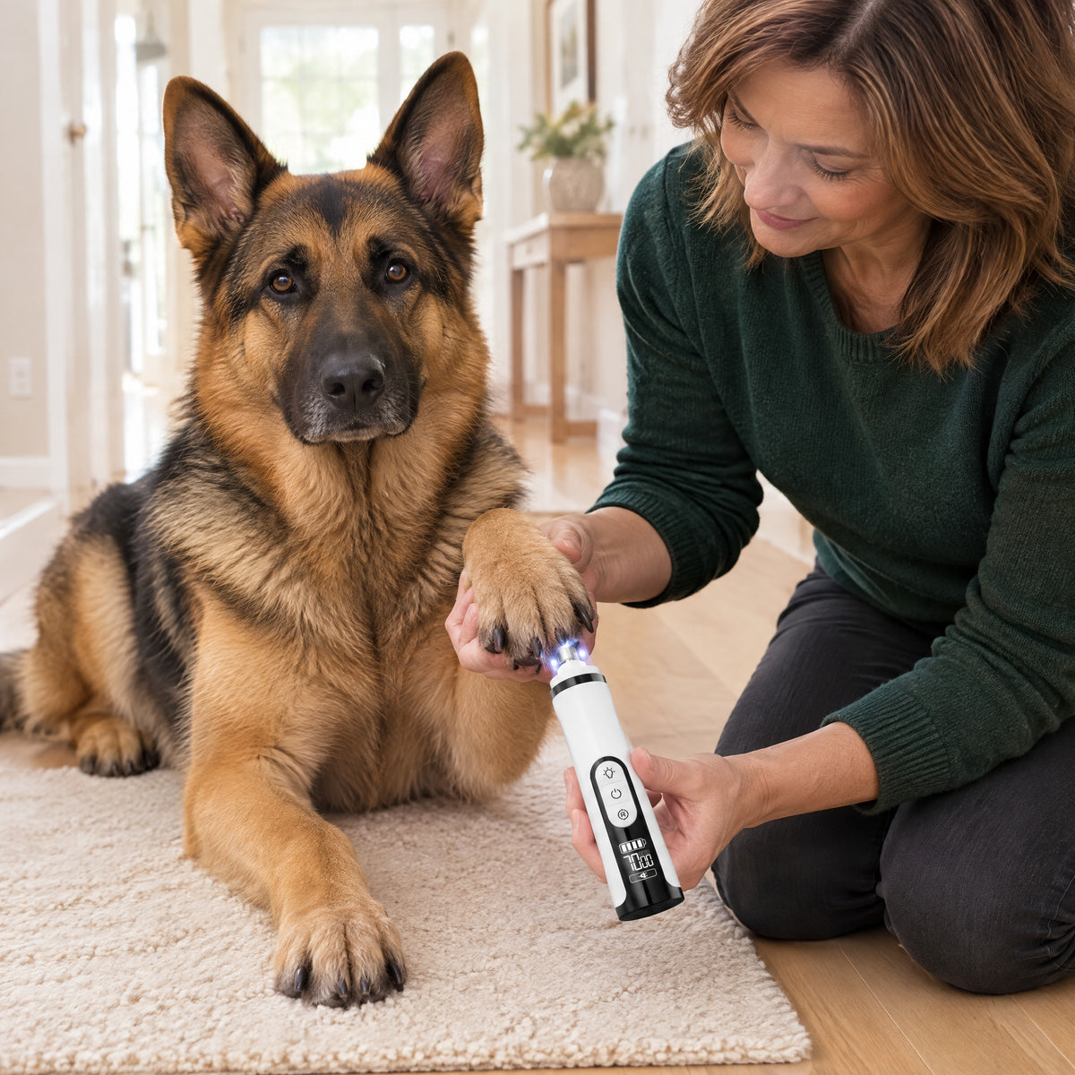 Woman grinding a German shepherd's thick dark nail with the LED nail grinder