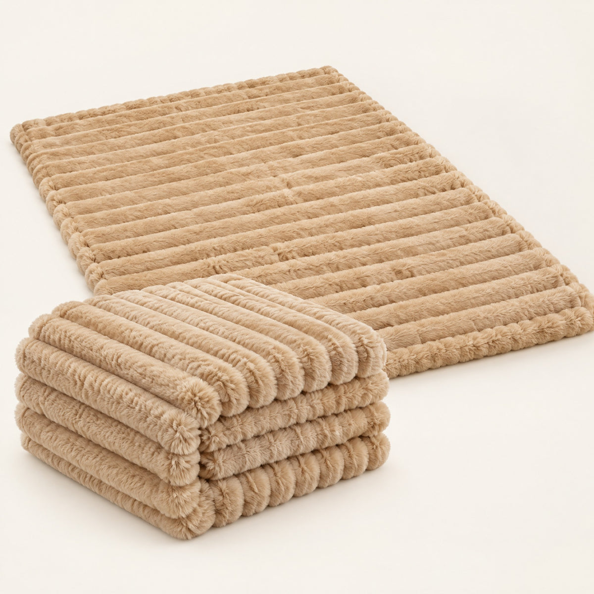 BerraPaws Cozy Cloud Blanket in Camel: one folded, one spread flat