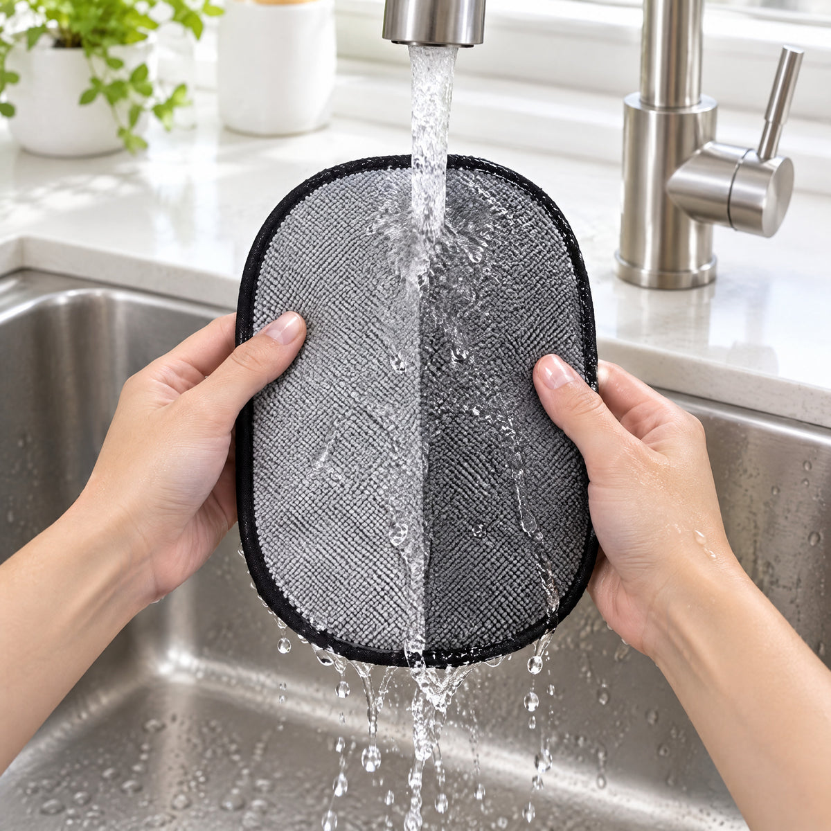 Rinsing the mitt's gray side under a kitchen tap