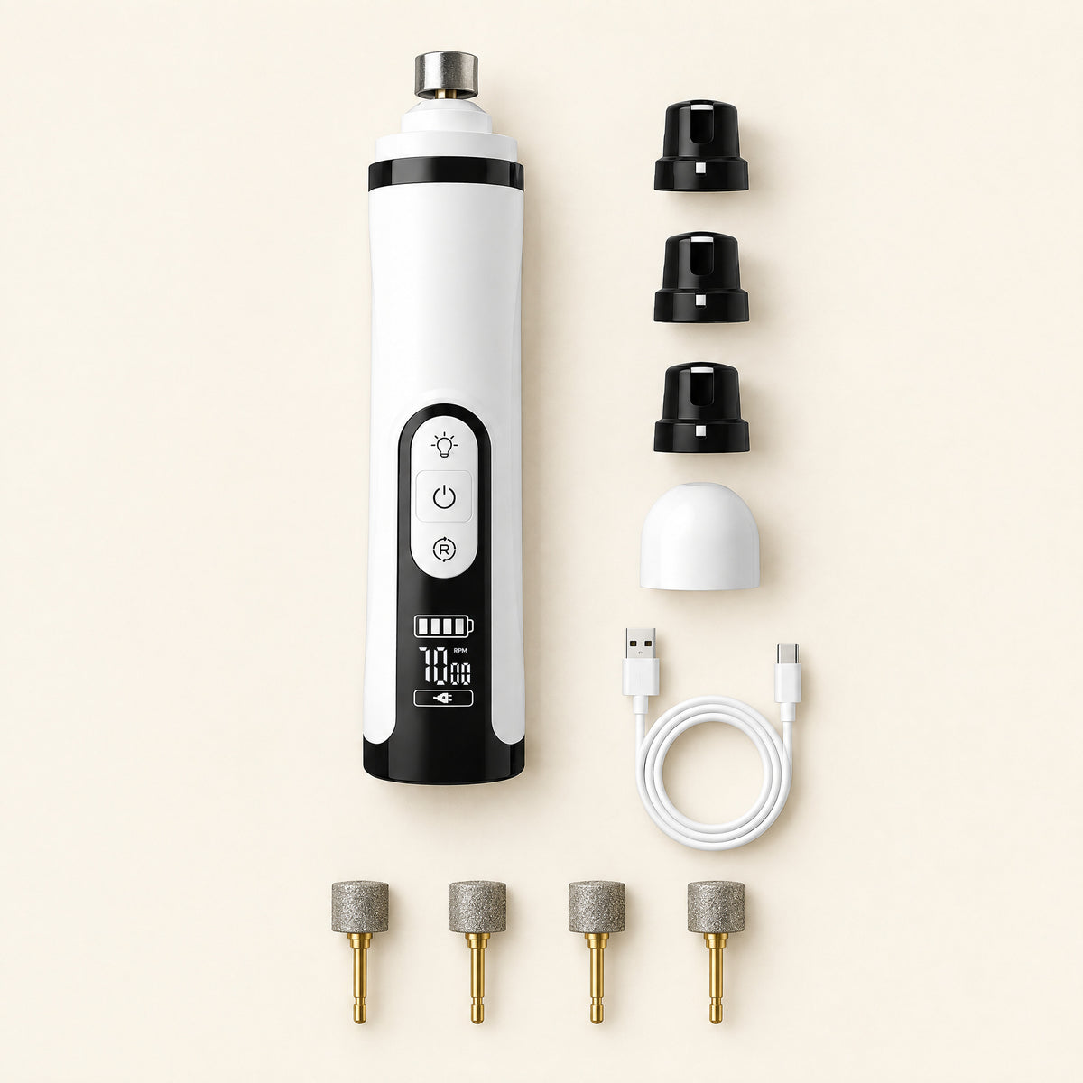 Grinder + 4 Spare Drums pack: grinder, three port caps, dust cap, USB cable and four spare diamond drums