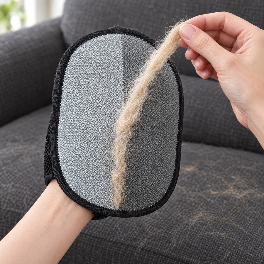 A strip of dog hair gathered along the middle of the mitt's gray side, pinched and peeled off in one piece
