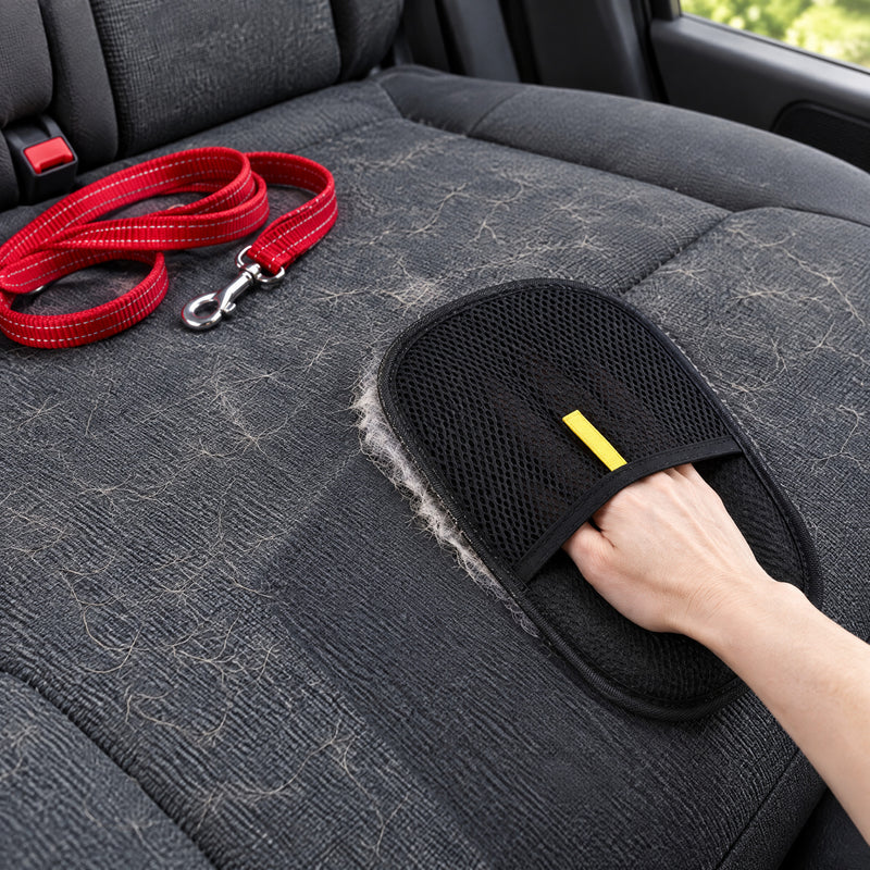 The mitt rubbing dog hair out of a fabric car back seat, a red leash lying on the seat