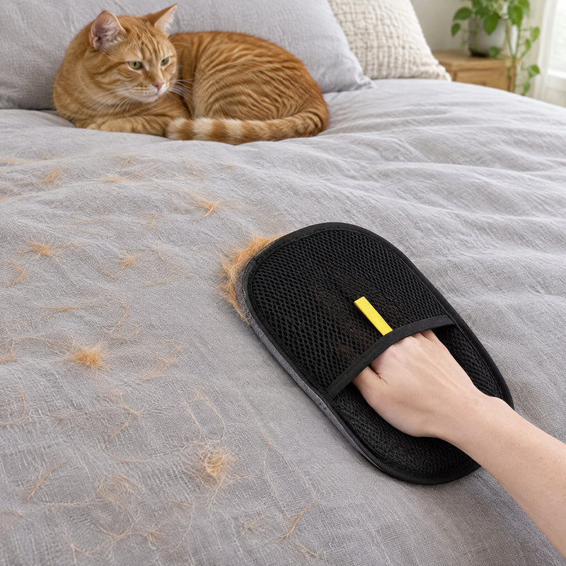 The mitt rubbing orange cat hair off a gray duvet, an orange tabby cat curled by the pillows