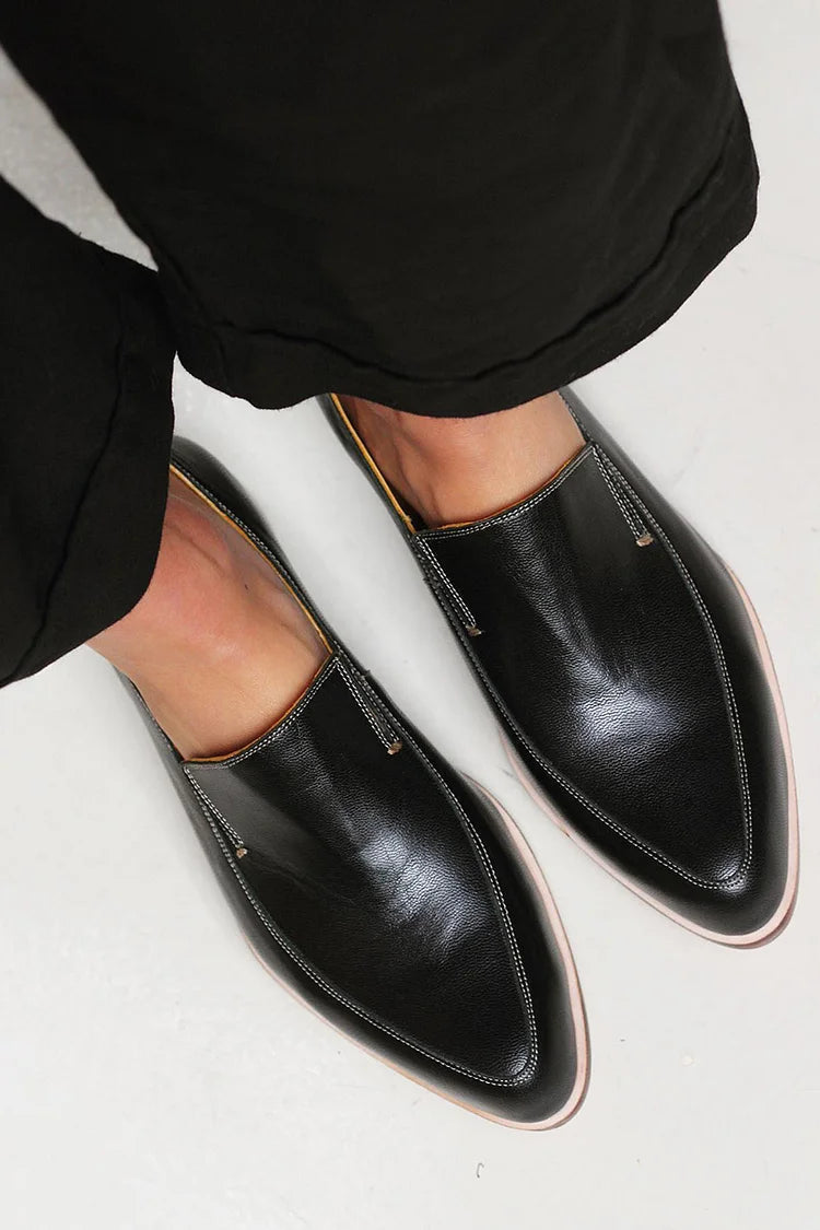 Agnes | Black Pointed Slip-On Loafers, colour Black