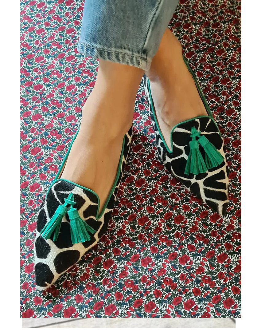 Noor | Cow Print Pointed Tassel Loafers