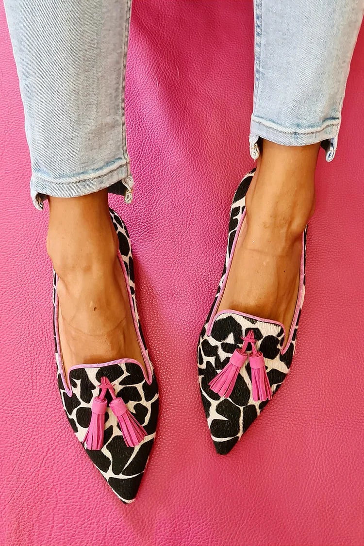Noor | Cow Print Pointed Tassel Loafers, colour Pink