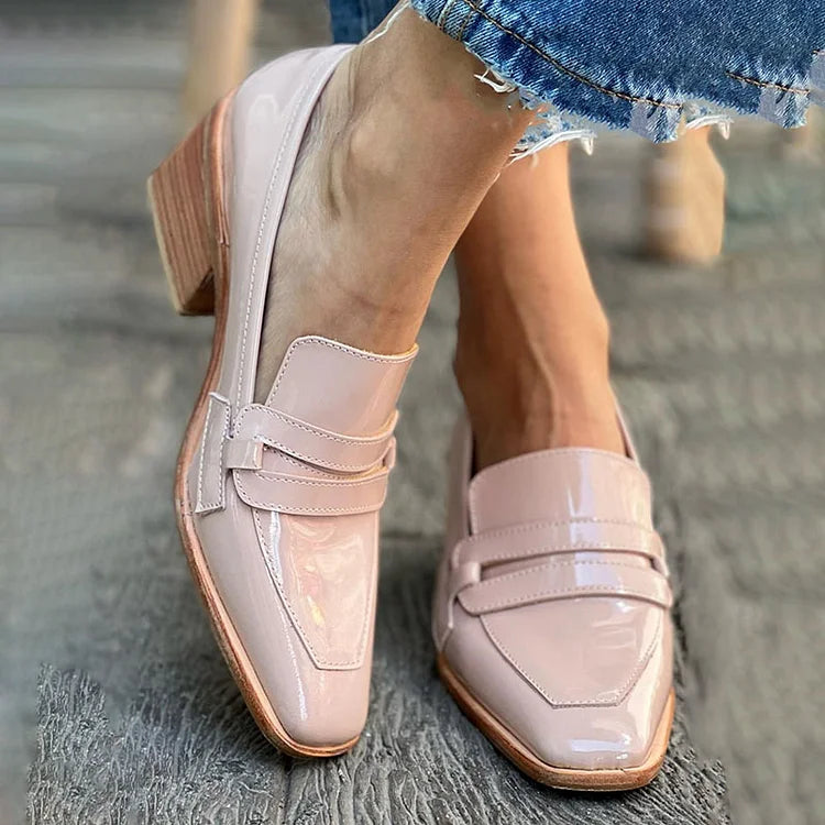 Corinne | Pink Patent Block Heel Loafers