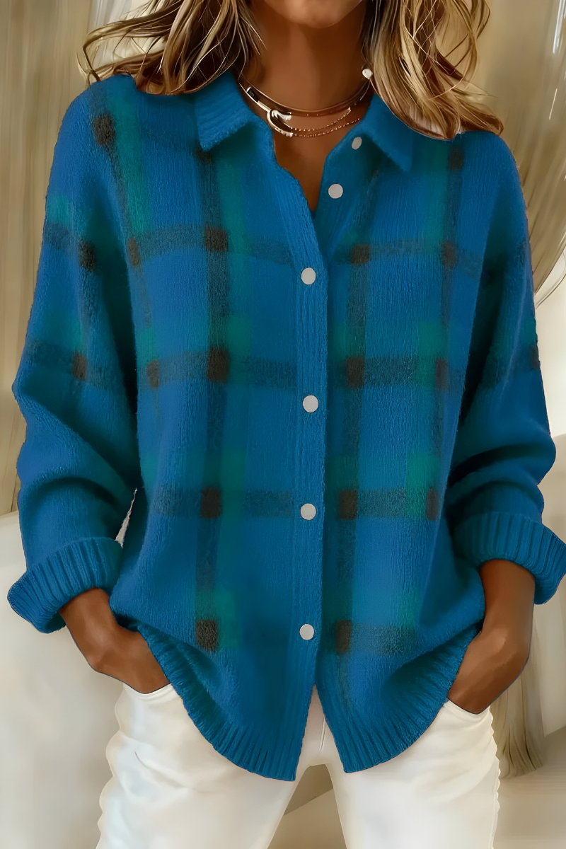 Iona | Plaid Knit Cardigan, colour Blue