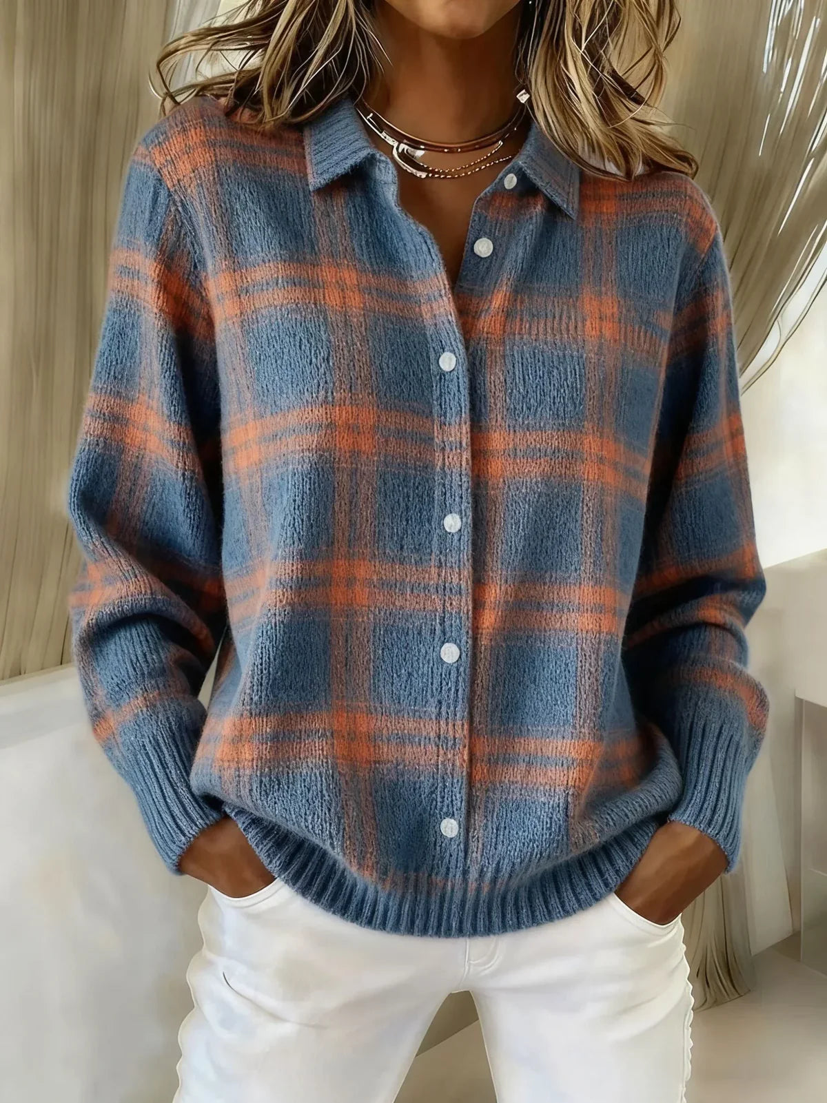 Iona | Plaid Knit Cardigan, colour Blue & Orange