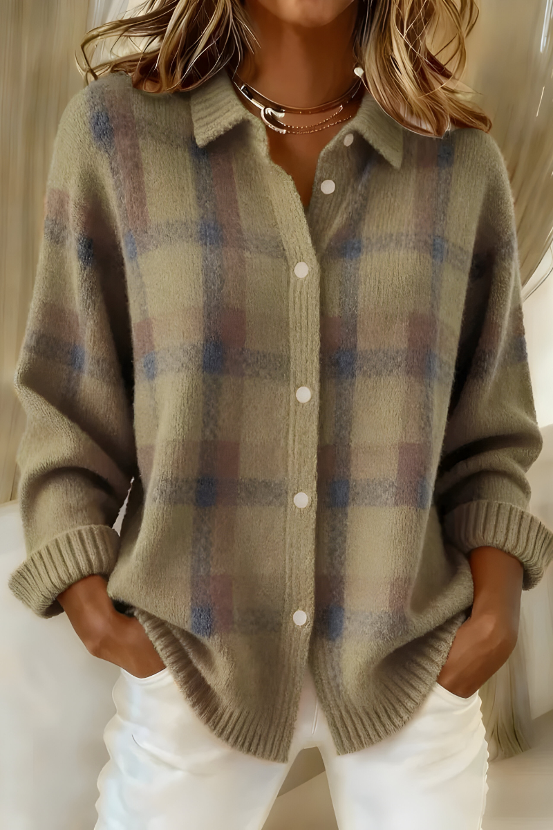 Iona | Plaid Knit Cardigan, colour Brown