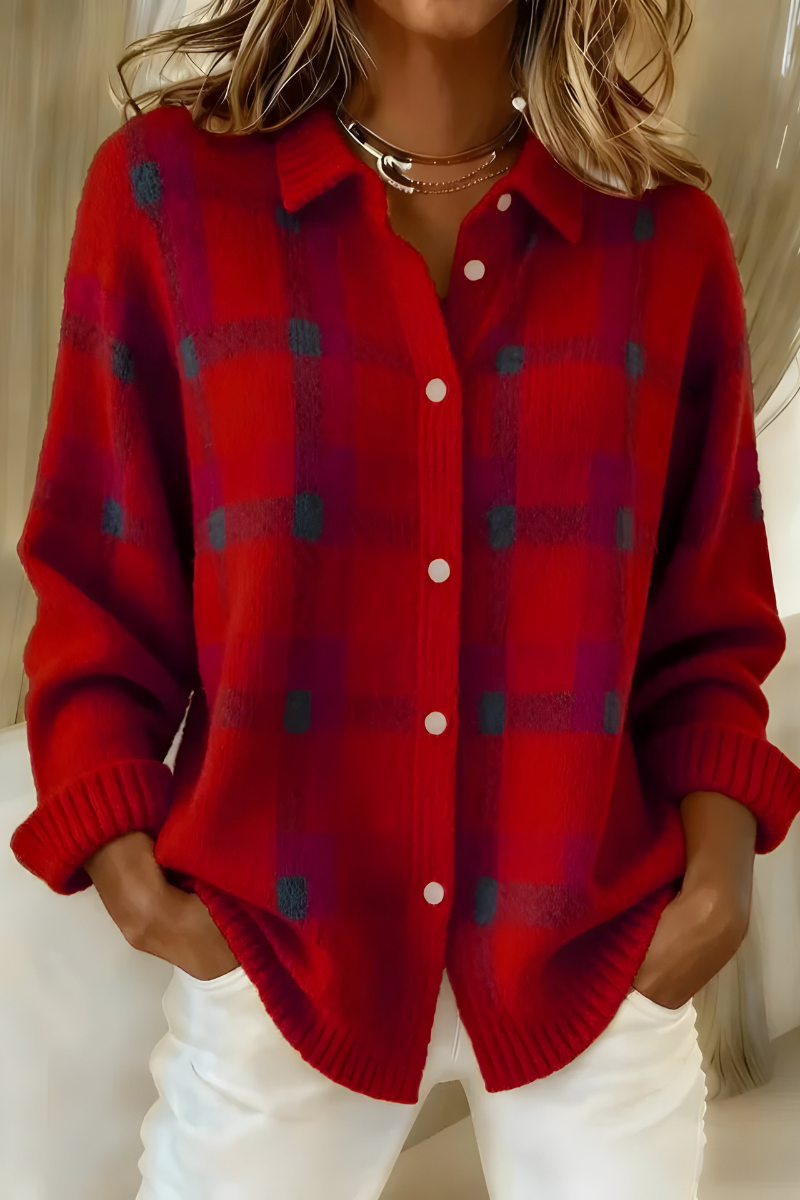 Iona | Plaid Knit Cardigan, colour Red