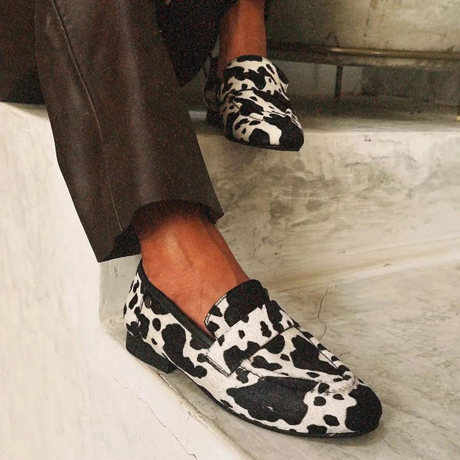 Mila | Cow Print Round-Toe Loafers