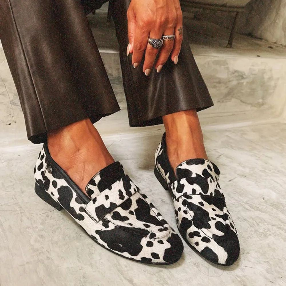 Mila | Cow Print Round-Toe Loafers, colour Black and White