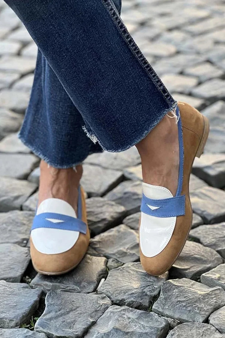 Peggy | Tan and Sky Blue Penny Loafers, colour Khaki