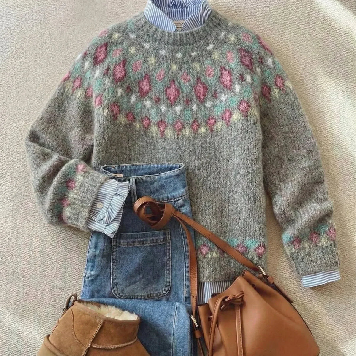 Solara | Grey and Rose Fair Isle Jumper, colour Soft Grey