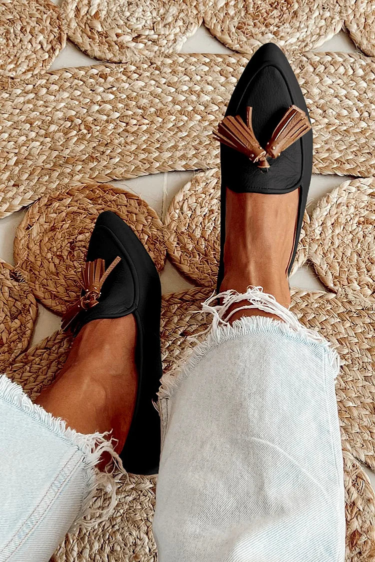 Wynne | Pointed Black Tassel Loafers