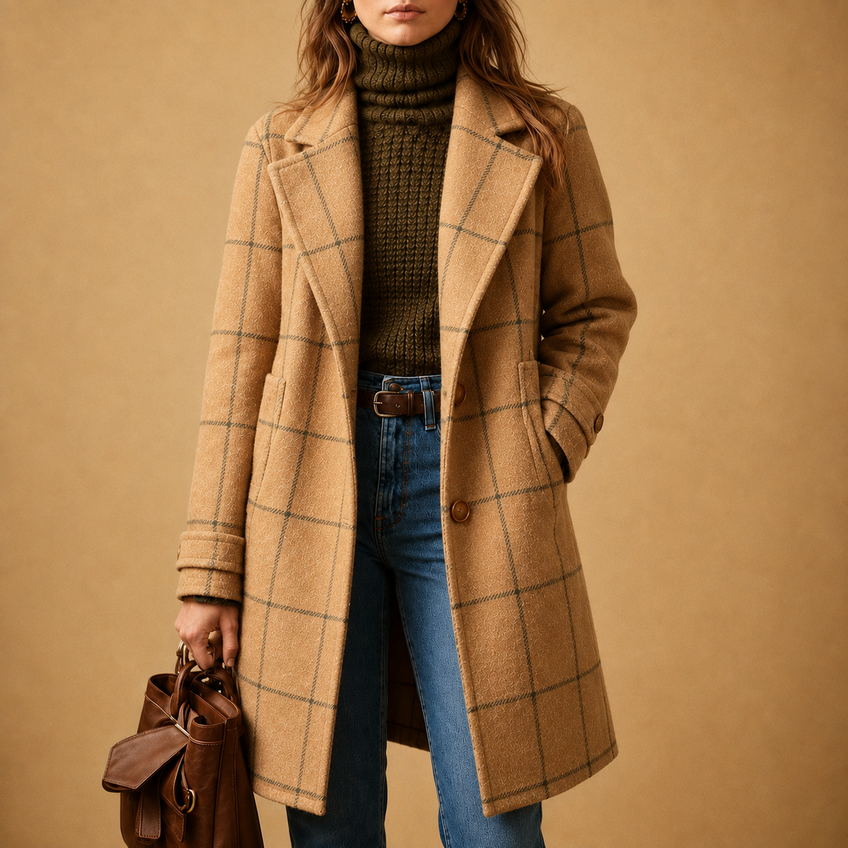 Bethany Checked Coat in Khaki