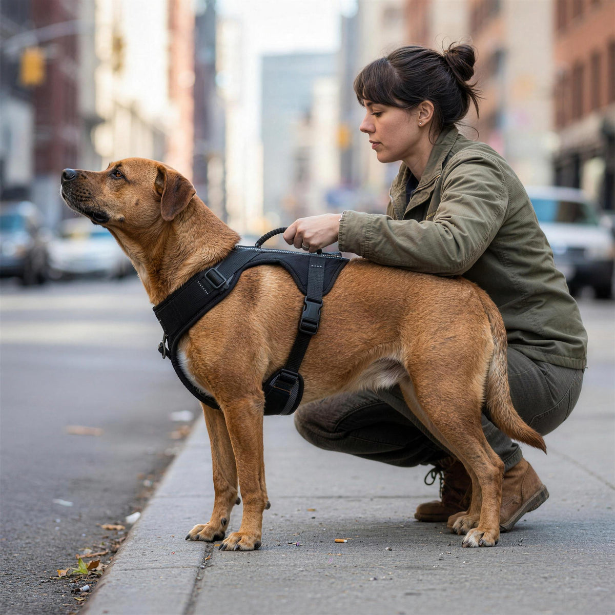 A handler crouched at a kerb with her hand closed around the harness top handle, the dog's head turned up toward her.